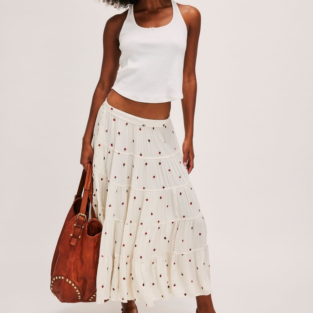 Free People Cream Maxi A-Line Tiered Skirt